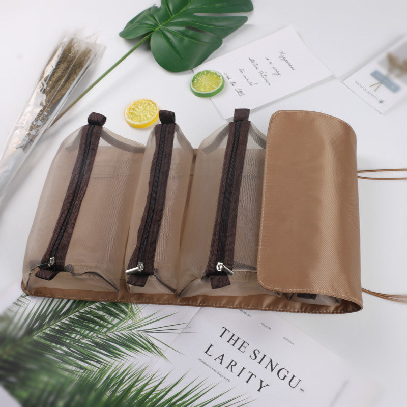 Folding Travel Wash Bag – Nylon Cosmetic Organizer with Mesh Panels