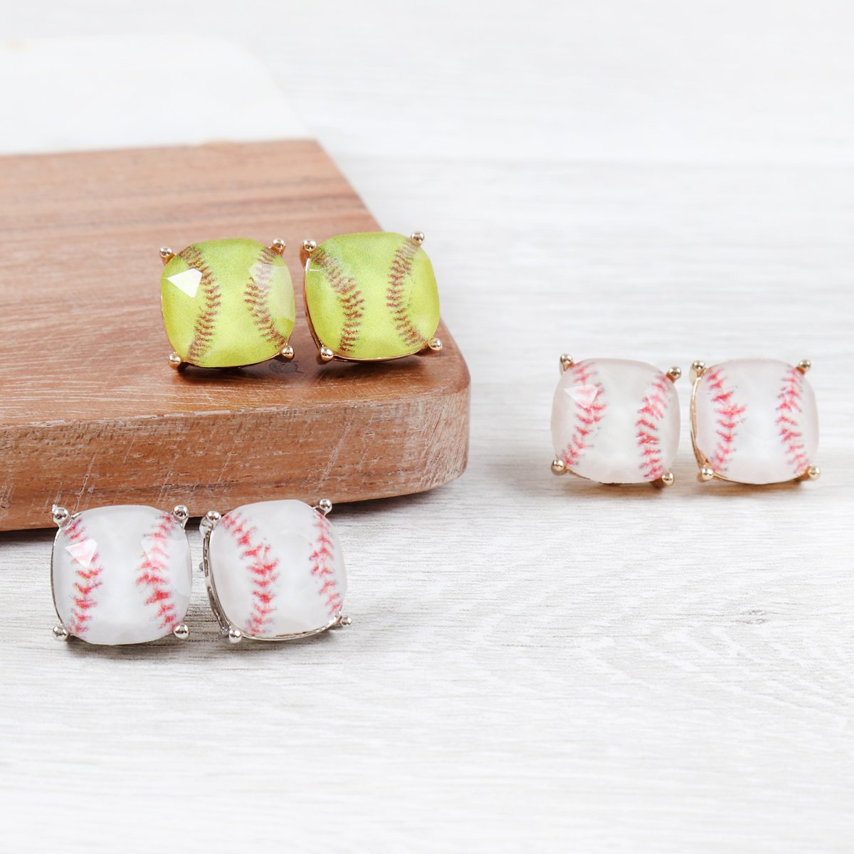 Sports Cushion Cut Softball Stud Earrings