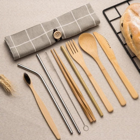 Bamboo Travel Cutlery Set – 9‑Piece Modern Minimalist Chopsticks & Spoon Bag