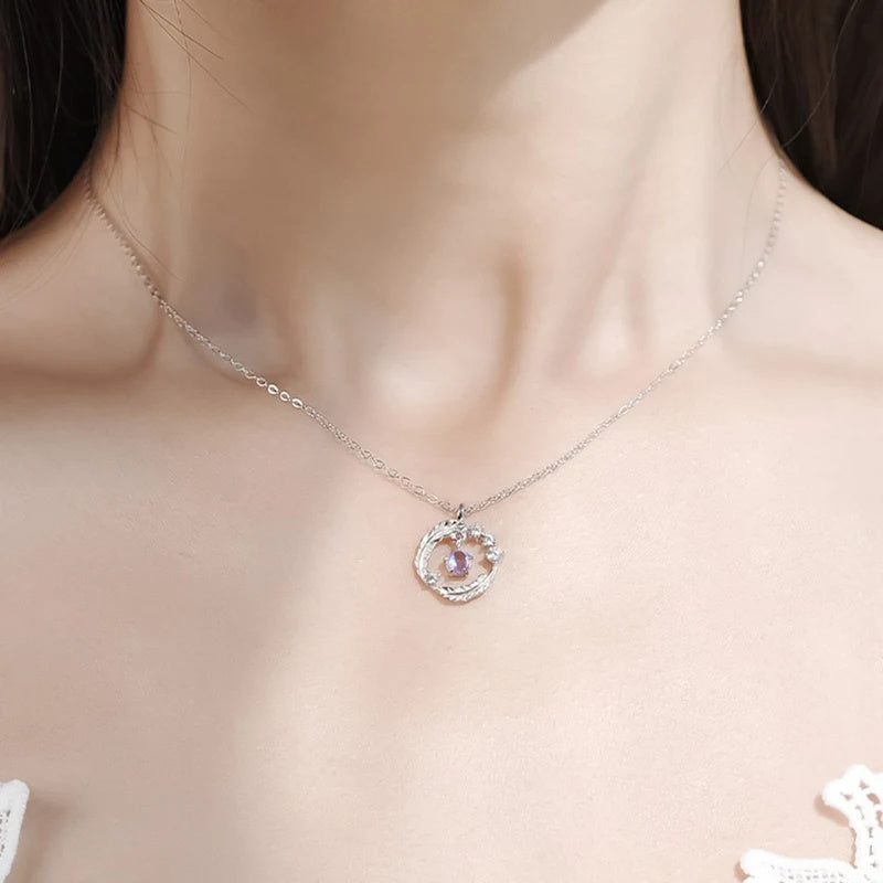 925 Silver Plated Feather Shape Pendant Necklace Moonstone Round Bead Jewelry Choker Gift