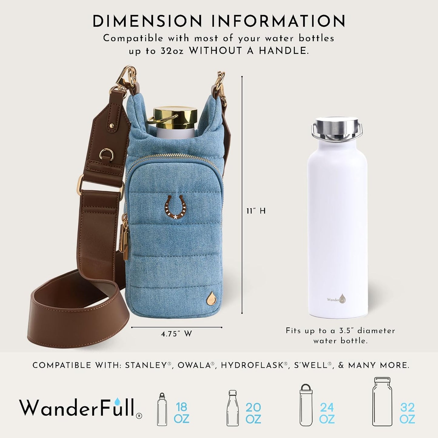 Denim HydroBag® with Horseshoe Embroidery and Denim overlaid Vegan Leather Strap and Gold hardware