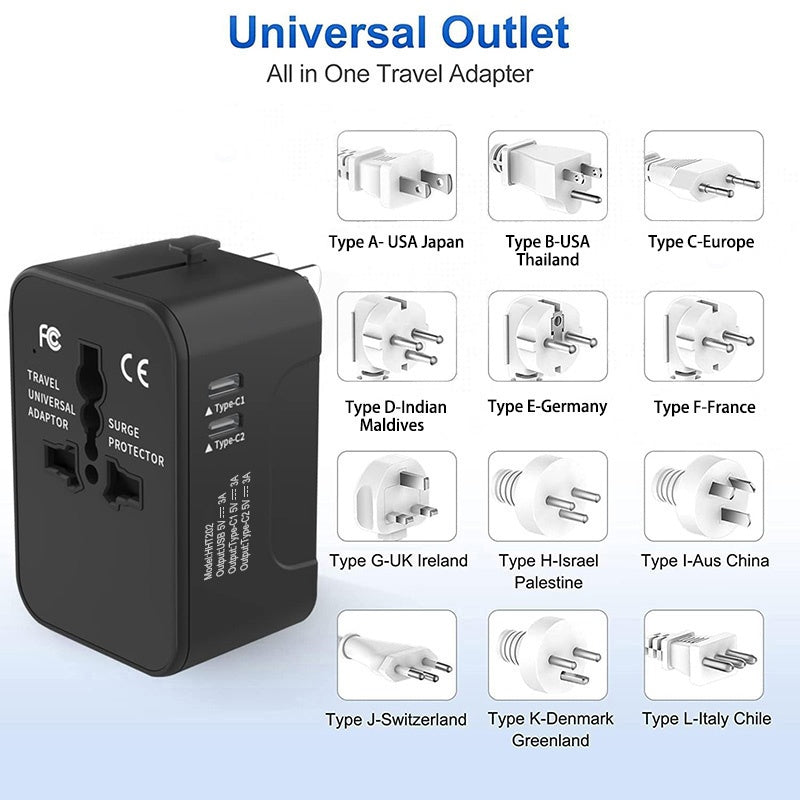 Universal Travel Adapter – Portable Worldwide All‑in‑One Plug Adapter with USB‑C & 3 USB Ports