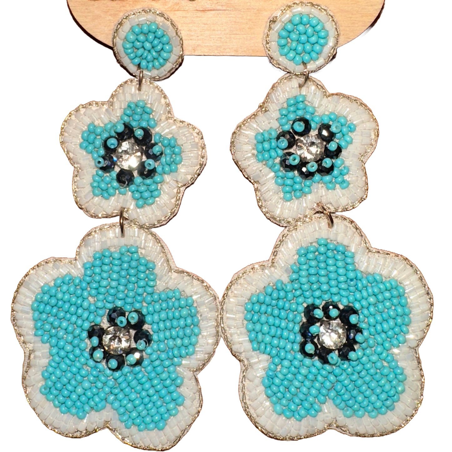Beaded Flower Earrings - Blue and white