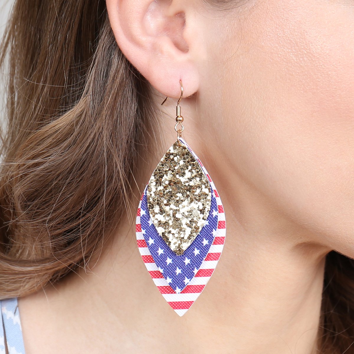 Usa Flag With Sequin Marquise Layered Leather Drop Earrings