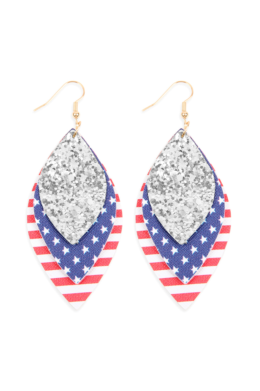 Usa Flag With Sequin Marquise Layered Leather Drop Earrings