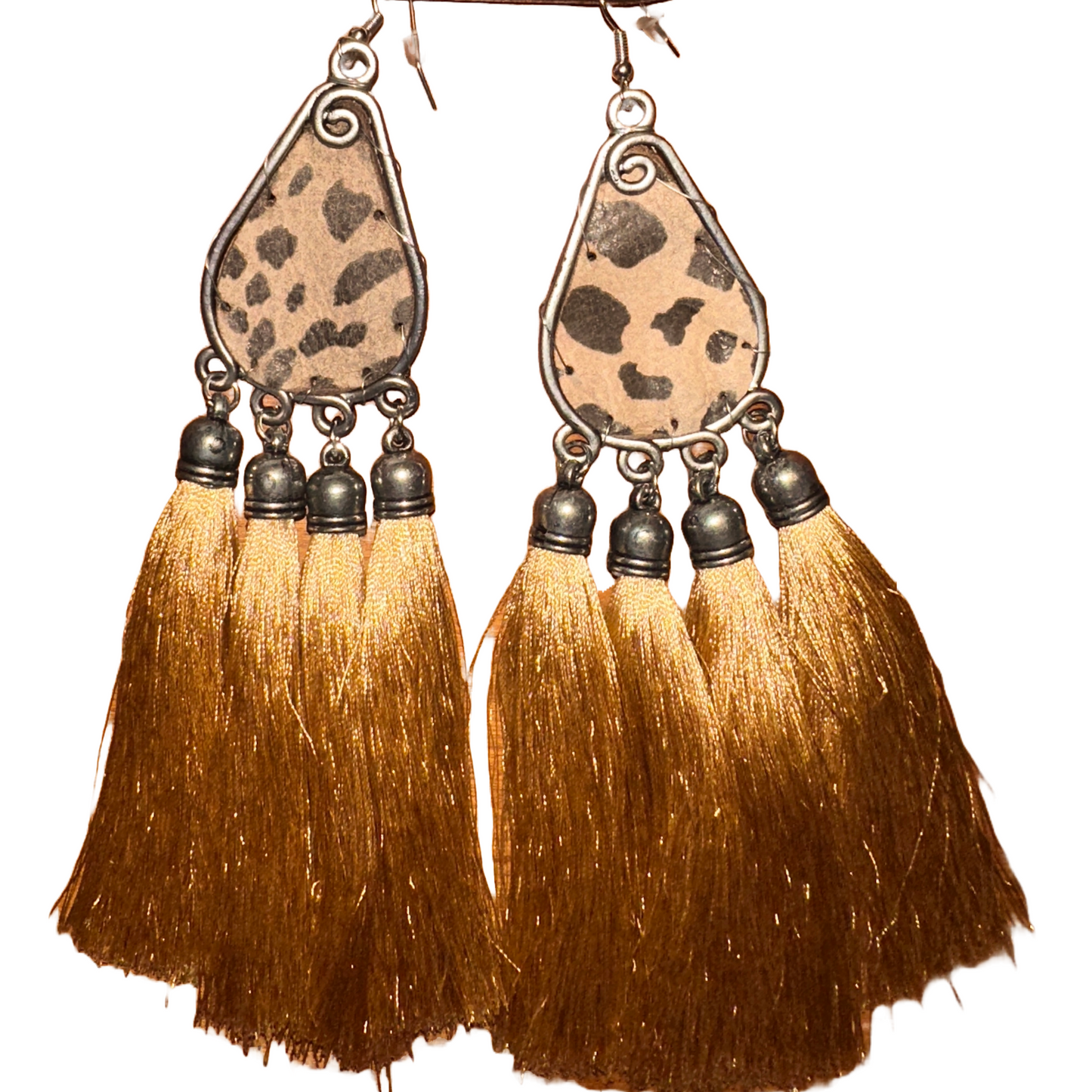 Leather Leopard and Tassel Earrings - Amber