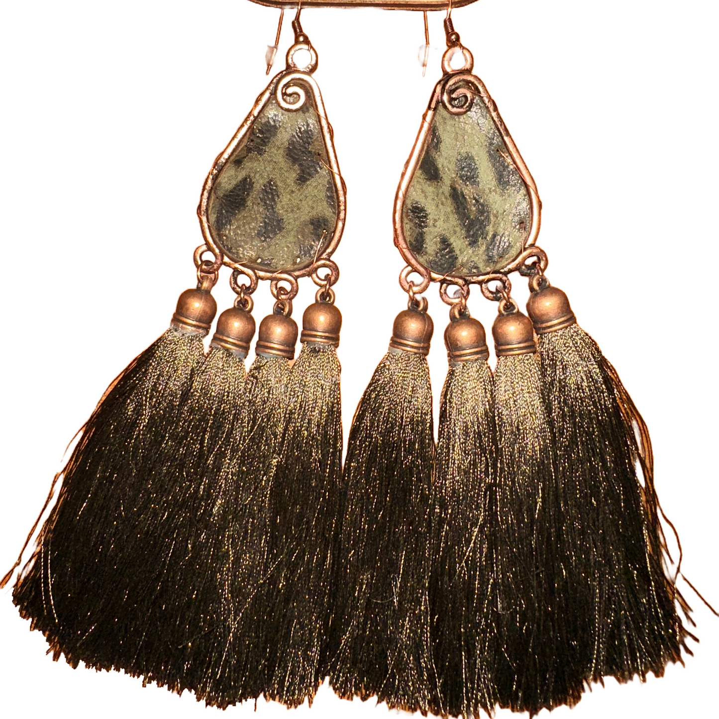 Leather Leopard and Tassel Earrings - Olive