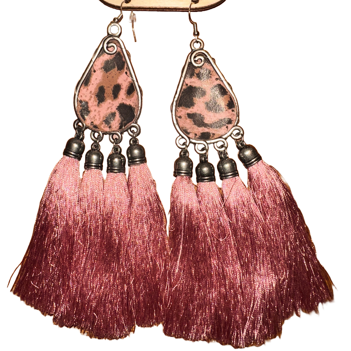 Leather Leopard and Tassel Earrings - Rose