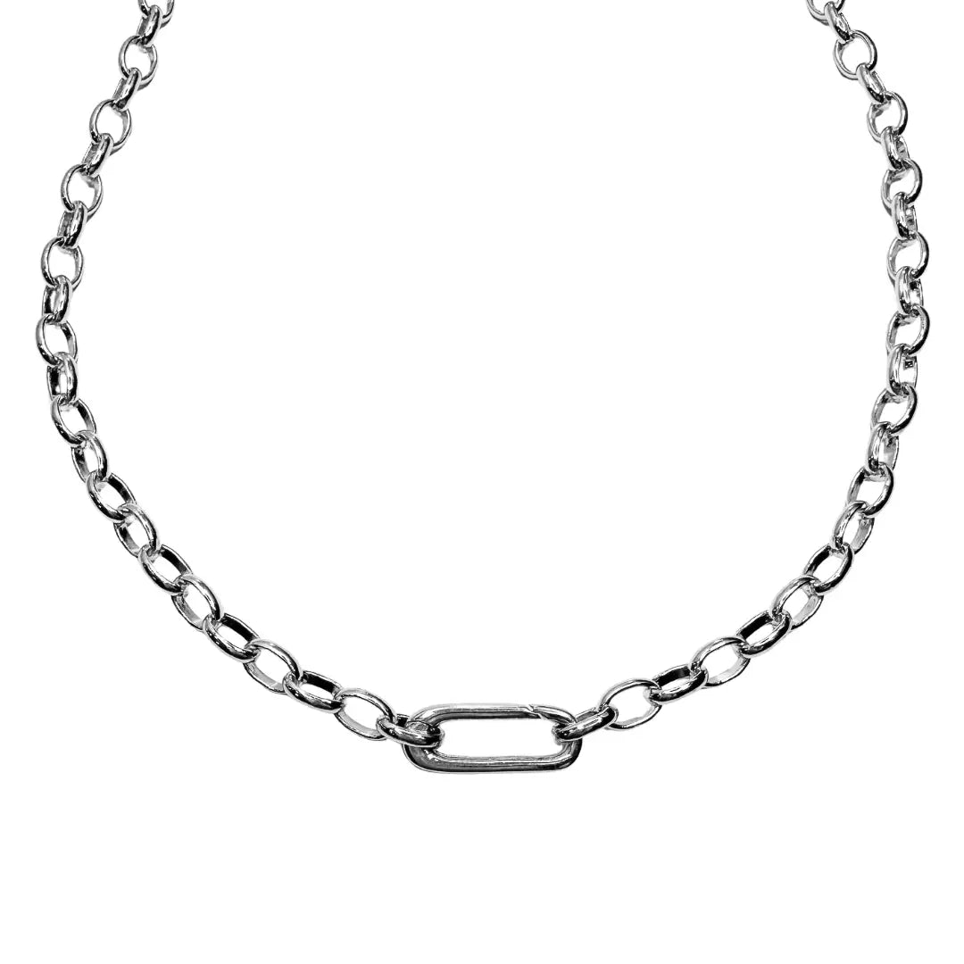 Silver Smooth Gold Carabiner Clasp Oval Chain Charm Necklace