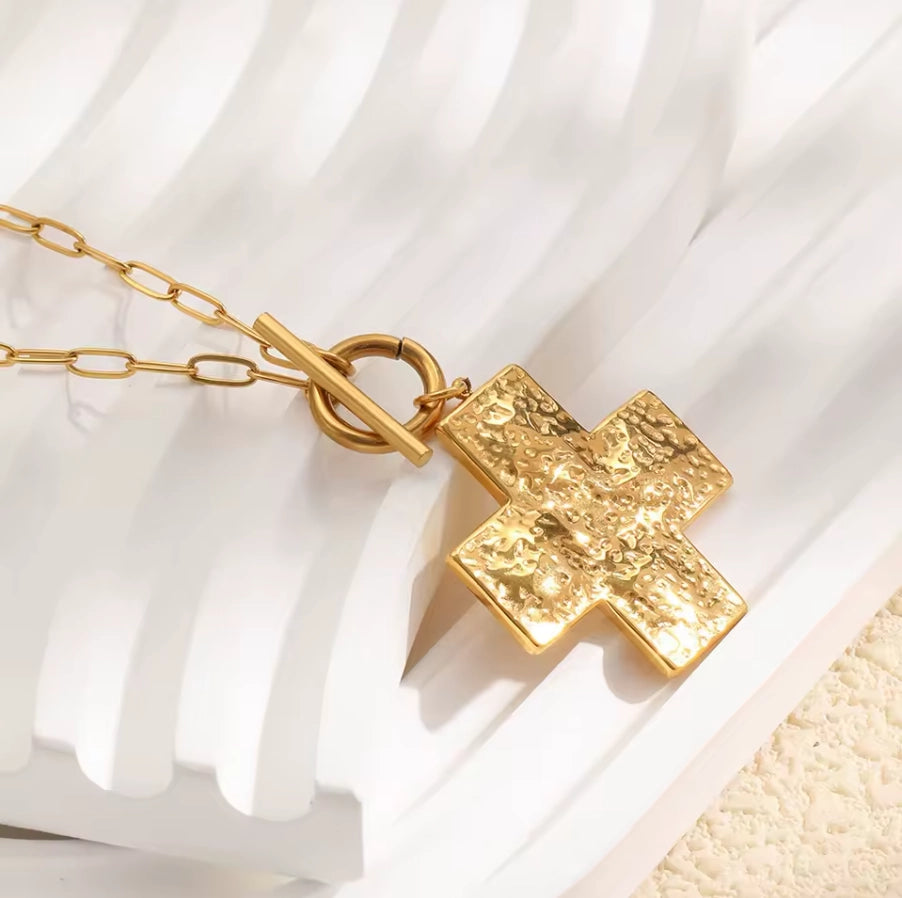 Textured Gold Plated Cross Toggle Necklace