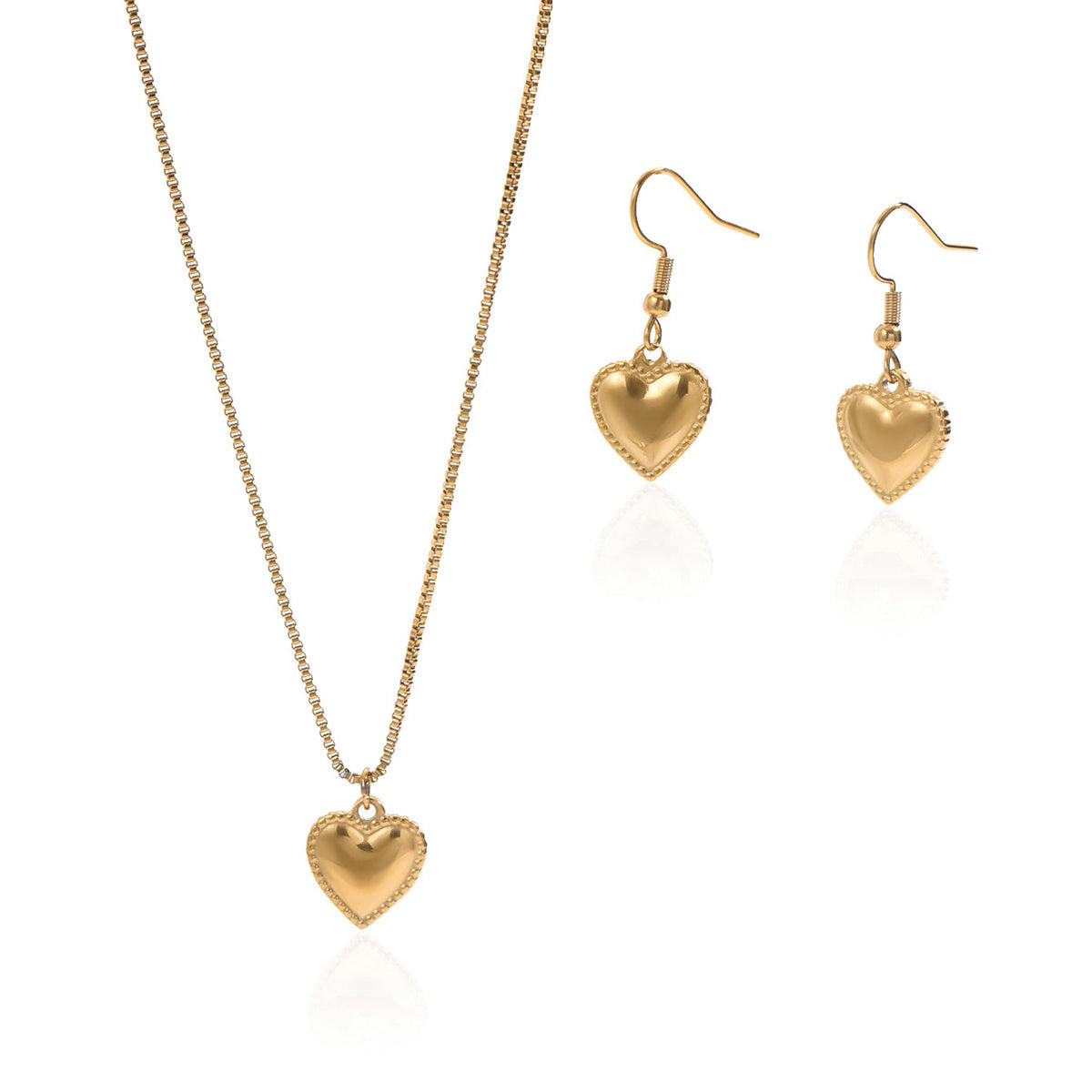 18K Gold Plated Stainless Steel Puffy Heart Pendant Necklace And Earrings Set For Women - Waterproof, Hypoallergenic, Cute Jewelry Gift For Birthday, Anniversary, Daily Wear, Summer Outfits