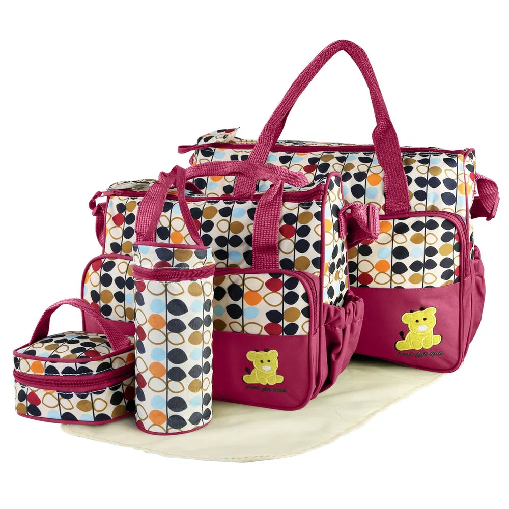 5‑Piece Baby Diaper Bag Set – Waterproof Nappy Tote with Changing Pad, Bottle Bag & Food Bag (Pink/Grey/Black/Blue)