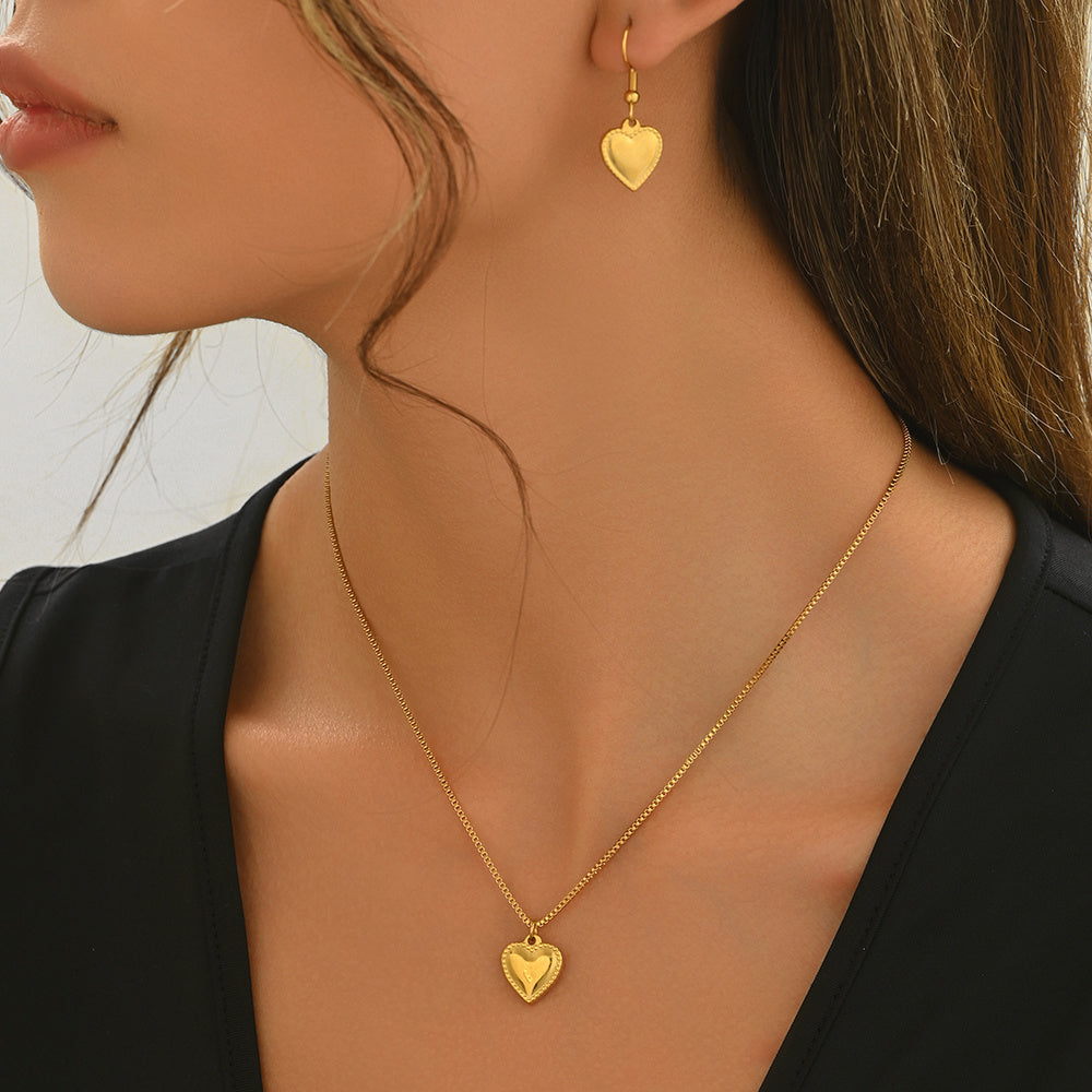 18K Gold Plated Stainless Steel Puffy Heart Pendant Necklace And Earrings Set For Women - Waterproof, Hypoallergenic, Cute Jewelry Gift For Birthday, Anniversary, Daily Wear, Summer Outfits