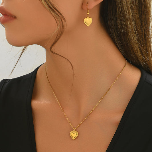 18K Gold Plated Stainless Steel Puffy Heart Pendant Necklace And Earrings Set For Women - Waterproof, Hypoallergenic, Cute Jewelry Gift For Birthday, Anniversary, Daily Wear, Summer Outfits