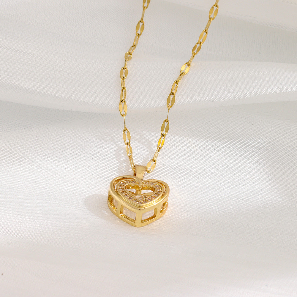 Double-layer Love Necklace With Rhinestones Titanium Steel Heart Pendant Fashion Jewelry Woman Valentines Day Gift