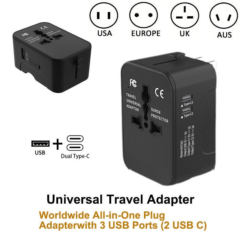 Universal Travel Adapter – Portable Worldwide All‑in‑One Plug Adapter with USB‑C &amp; 3 USB Ports