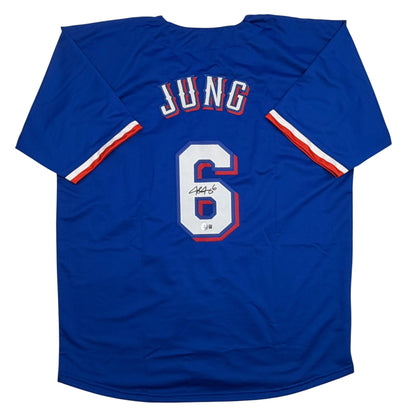 Autographed/Signed Josh Jung Texas Blue Baseball Jersey Beckett BAS COA