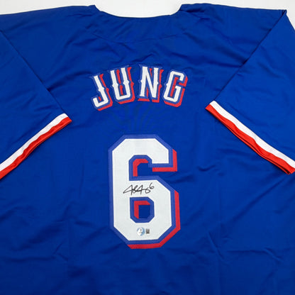 Autographed/Signed Josh Jung Texas Blue Baseball Jersey Beckett BAS COA