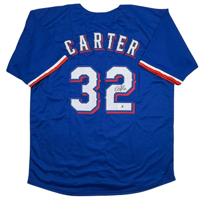 Autographed/Signed Evan Carter Texas Blue Baseball Jersey Beckett BAS COA
