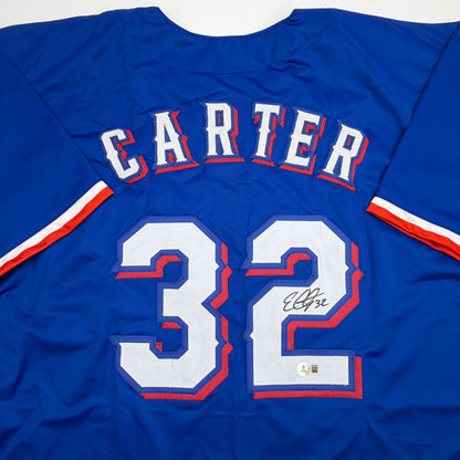 Autographed/Signed Evan Carter Texas Blue Baseball Jersey Beckett BAS COA