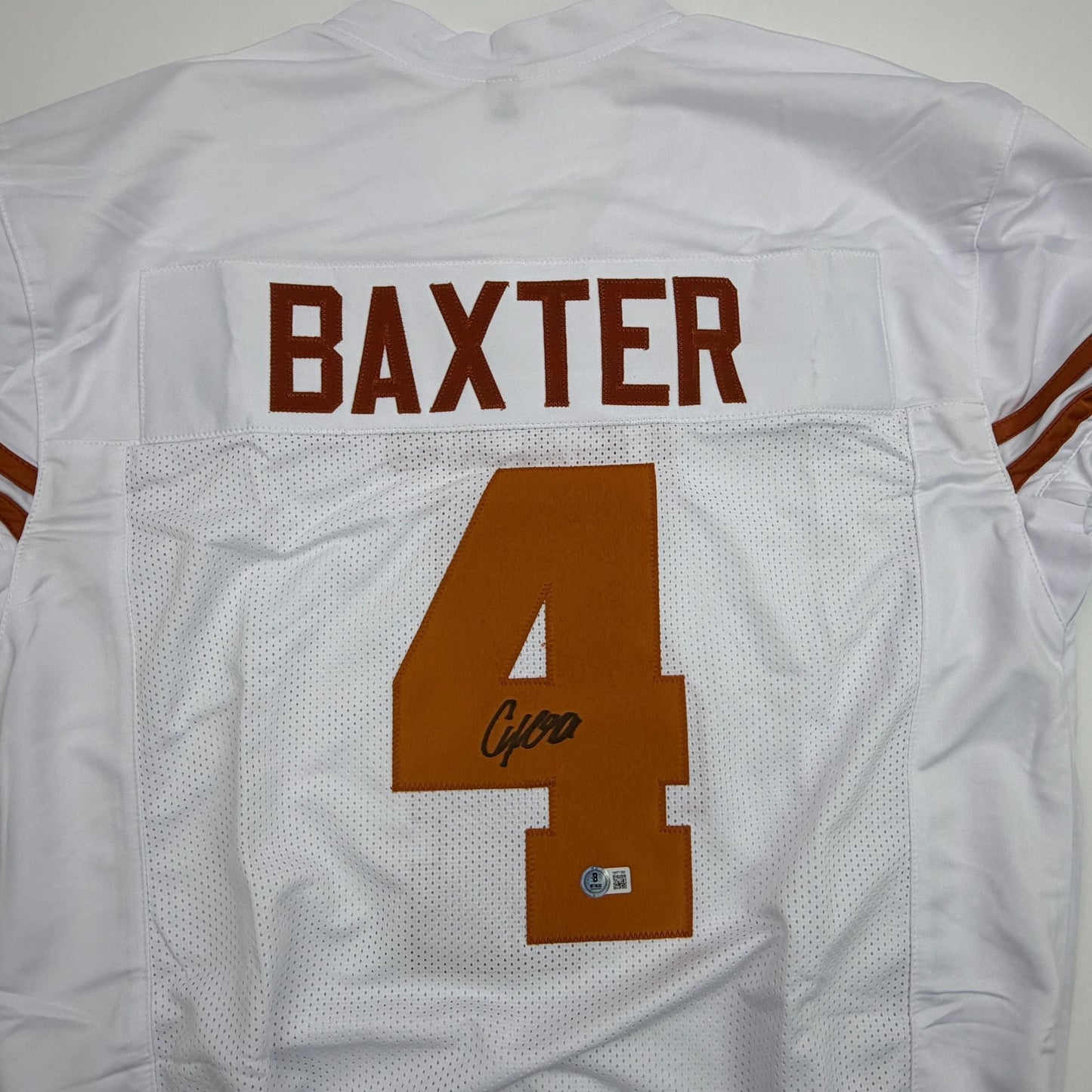 Autographed/Signed CJ Baxter Texas White Pro Cut College Football Jersey Beckett BAS COA