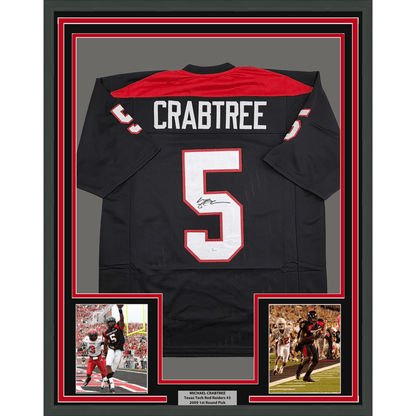 Framed Autographed/Signed Michael Crabtree 35x39 Texas Tech Black College Football Jersey JSA COA