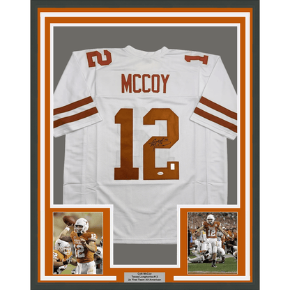 Framed Autographed/Signed Colt McCoy 35x39 Texas White College Football Jersey JSA COA