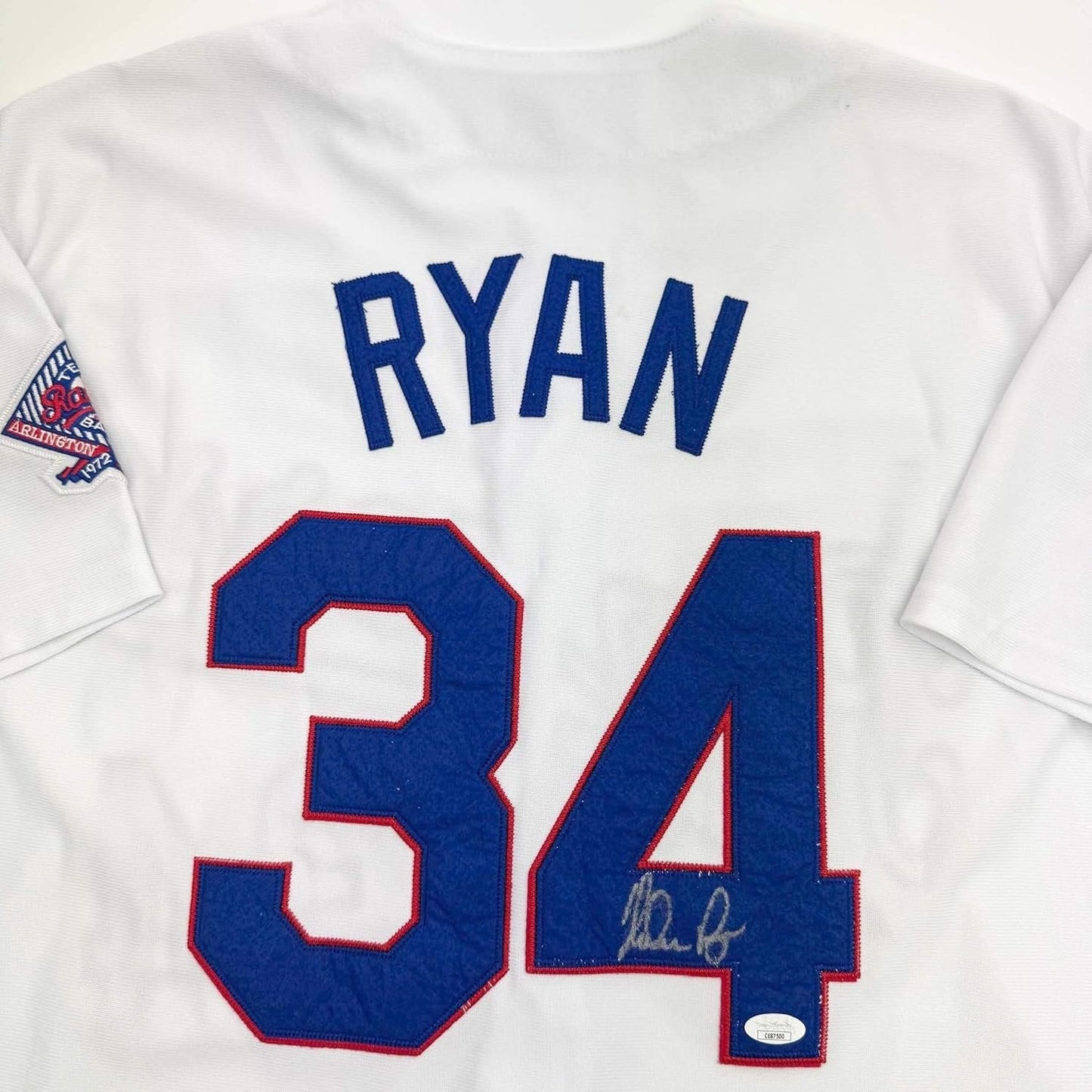 Framed Autographed/Signed Nolan Ryan 35x39 Texas Rangers White Baseball Jersey JSA COA