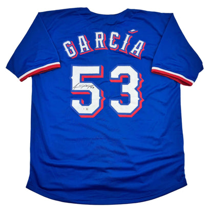 Autographed/Signed Adolis Garcia Texas Blue Baseball Jersey Beckett BAS COA