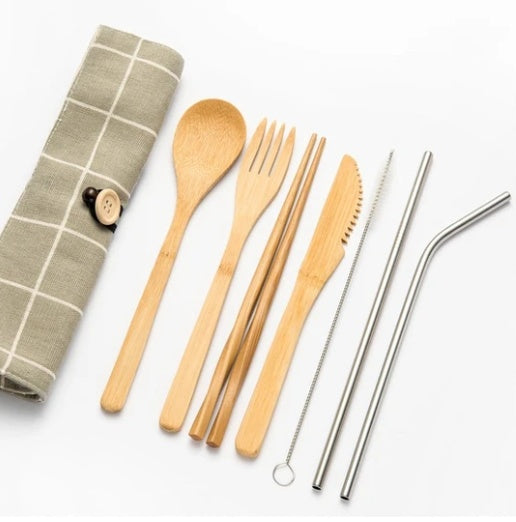 Bamboo Travel Cutlery Set – 9‑Piece Modern Minimalist Chopsticks & Spoon Bag