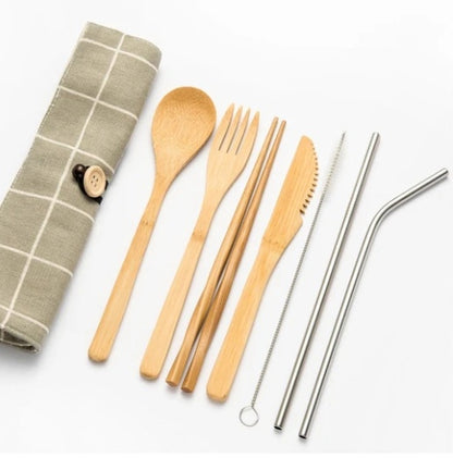 Bamboo Travel Cutlery Set – 9‑Piece Modern Minimalist Chopsticks & Spoon Bag