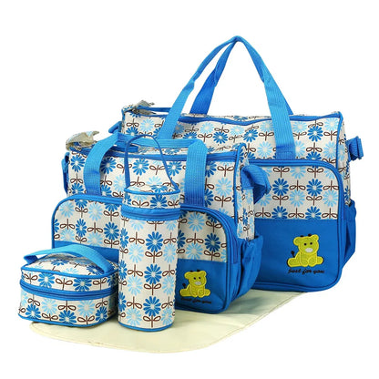 5‑Piece Baby Diaper Bag Set – Waterproof Nappy Tote with Changing Pad, Bottle Bag & Food Bag (Pink/Grey/Black/Blue)