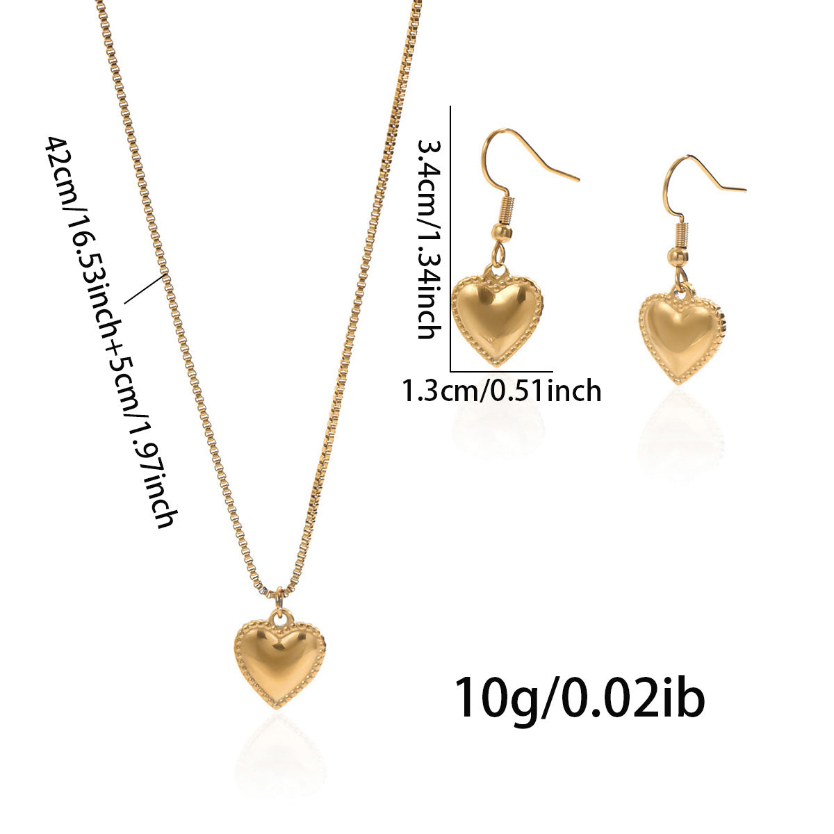 18K Gold Plated Stainless Steel Puffy Heart Pendant Necklace And Earrings Set For Women - Waterproof, Hypoallergenic, Cute Jewelry Gift For Birthday, Anniversary, Daily Wear, Summer Outfits