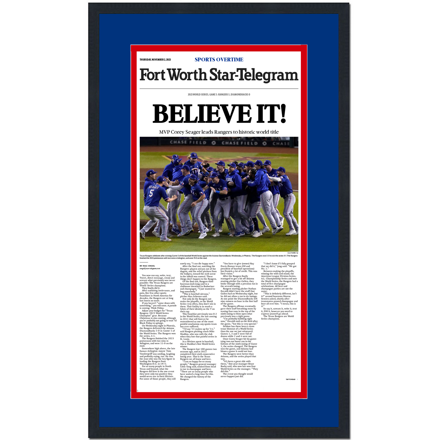 Framed Fort Worth Star-Telegram Believe It Texas Rangers 2023 World Series Champions 14x24 Baseball Newspaper Cover Photo Professionally Matted V1