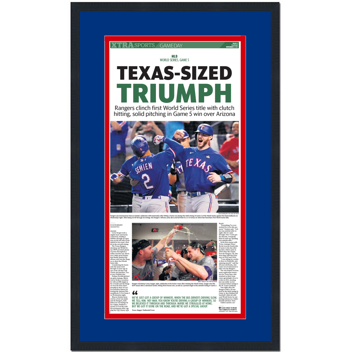 Framed Fort Worth Star-Telegram Texas Rangers Texas-Sized Triumph 2023 World Series Champions 14x24 Baseball Newspaper Cover Photo Professionally Matted V2
