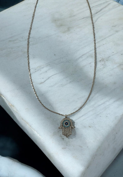 Hamsa Hand with Evil Eye Pendant Necklace – Turquoise & Sterling Silver