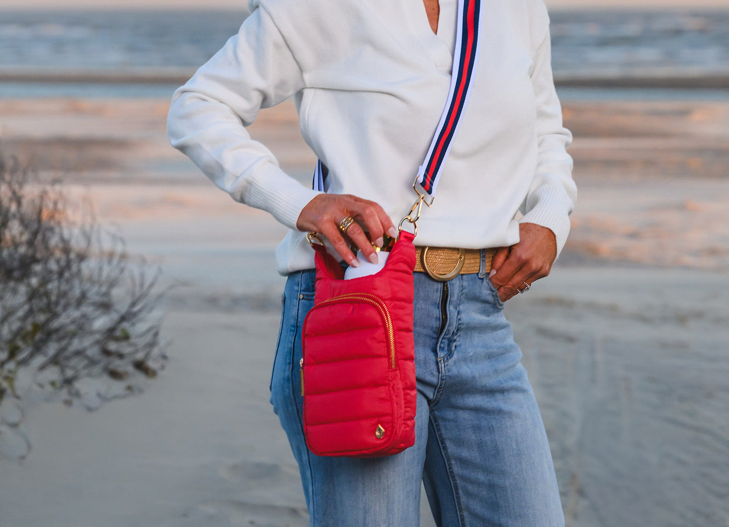 Poppy Red HydroBag® with Red, White, Navy striped Strap