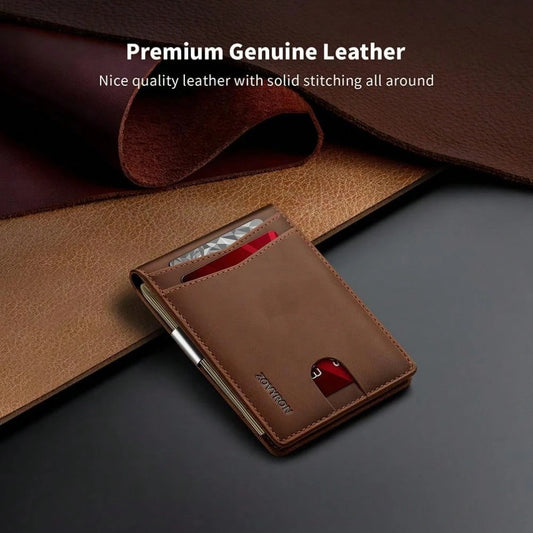 Slim Bifold Leather Wallet for Men – RFID Blocking & Money Clip Convenience
