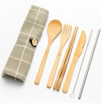 Bamboo Travel Cutlery Set – 9‑Piece Modern Minimalist Chopsticks & Spoon Bag