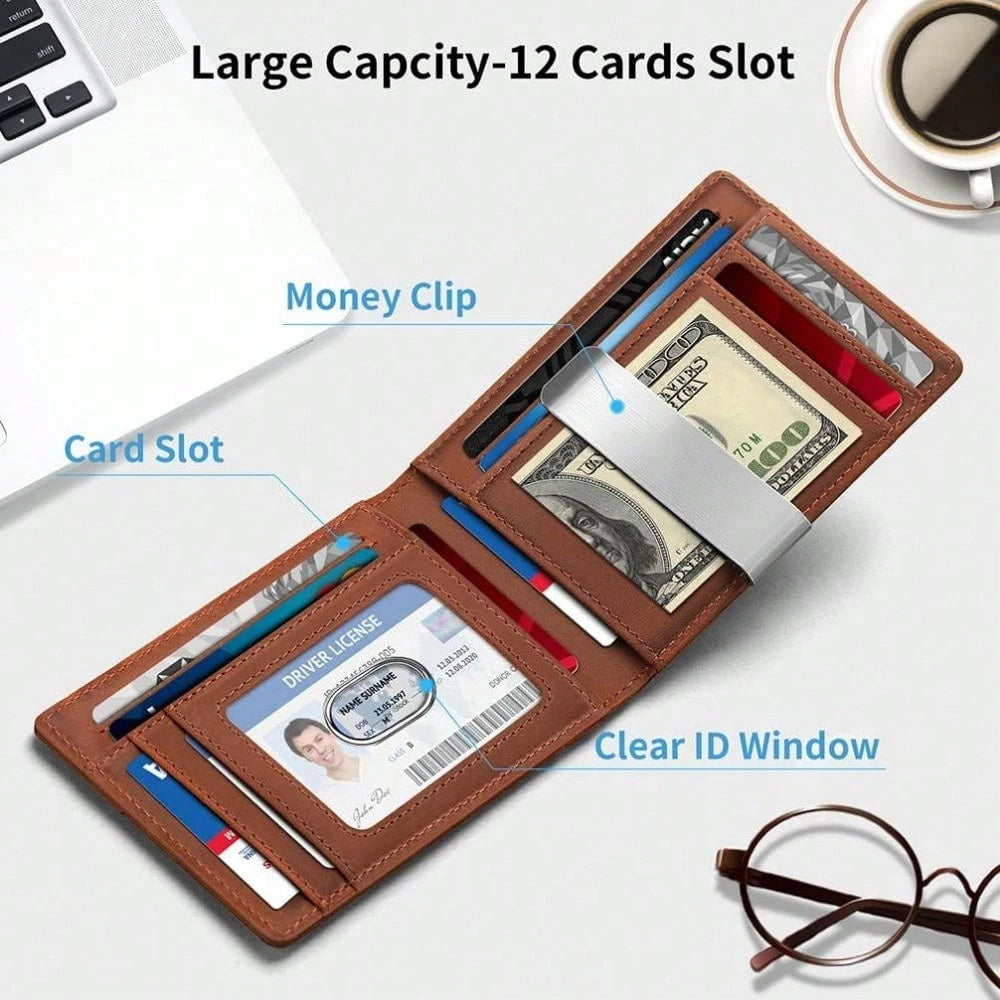 Slim Bifold Leather Wallet for Men – RFID Blocking & Money Clip Convenience
