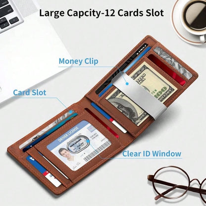 Slim Bifold Leather Wallet for Men – RFID Blocking & Money Clip Convenience