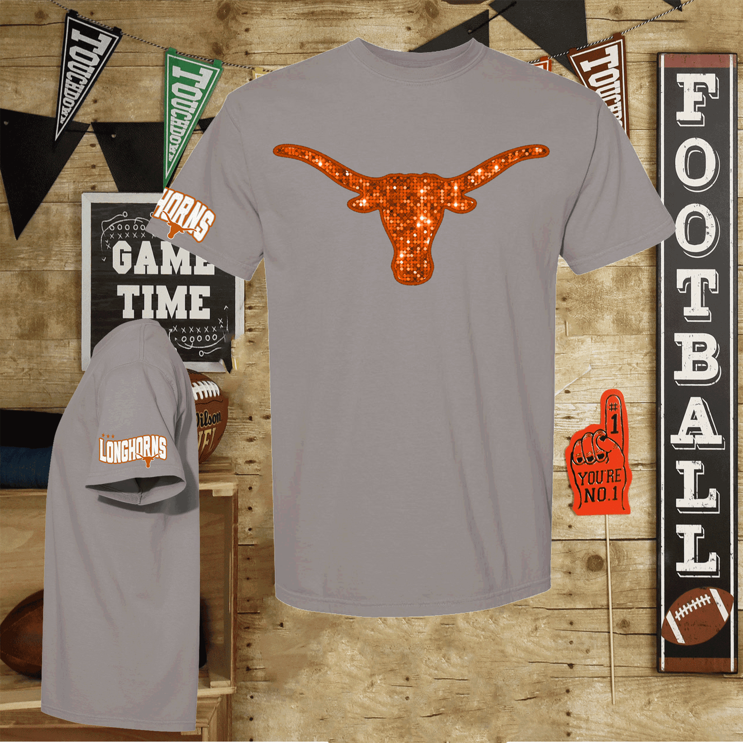 University of Texas Football Shirts, Longhorns Football sweatshirts, SEC Football, College Football, Hook em Horns, Faux Glitter Longhorn
