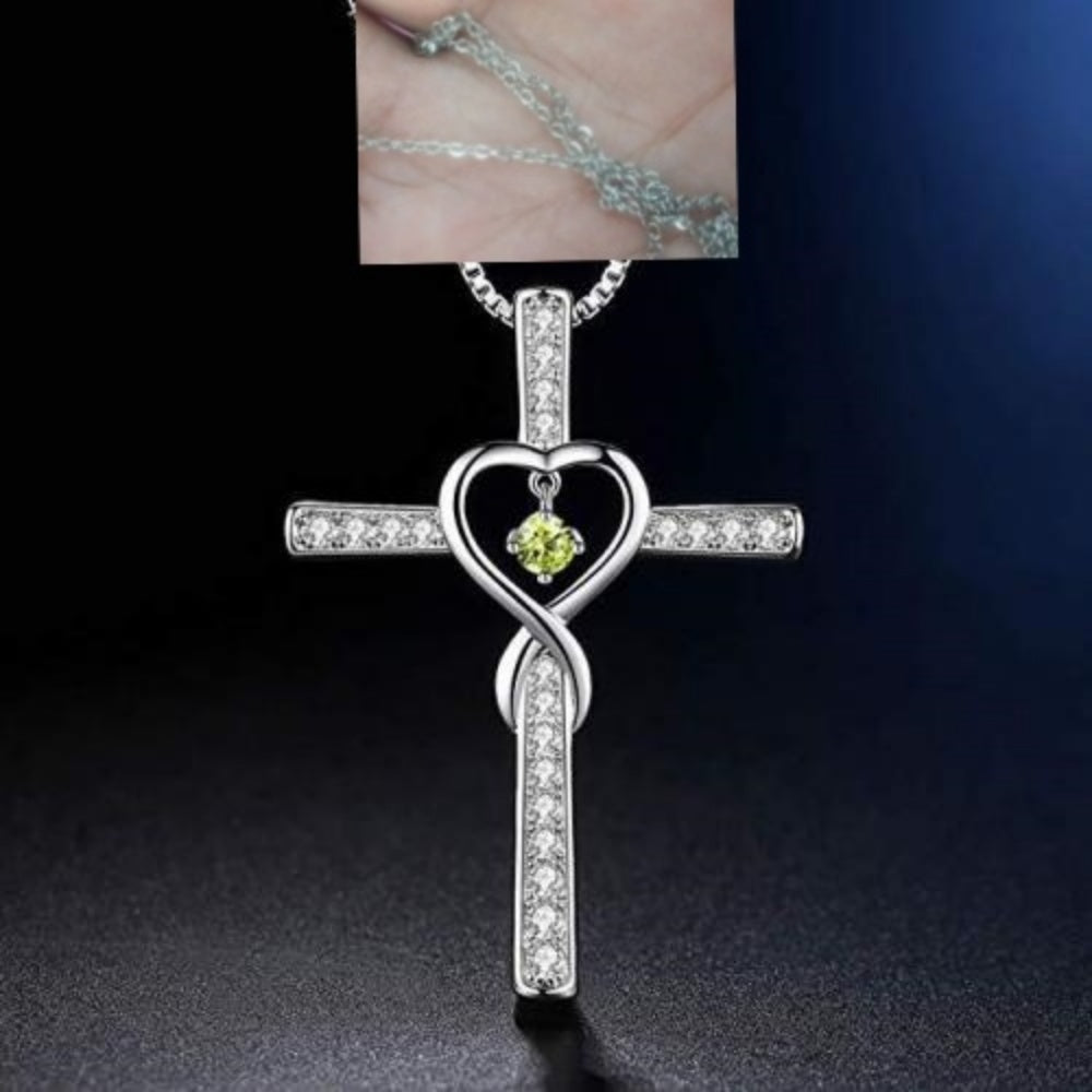 Infinity Love God We Trust Christian Cross Birthstone Crystal Pendant Necklace Colour Gems Zircon Heart Necklace Women Jewelry