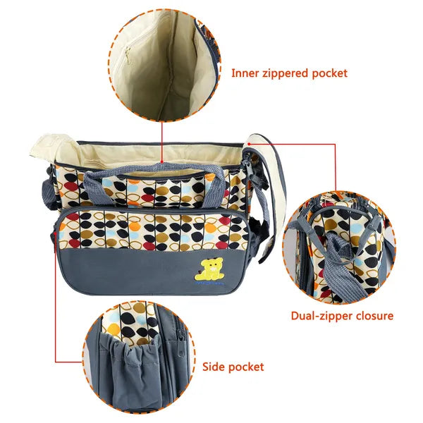 5‑Piece Baby Diaper Bag Set – Waterproof Nappy Tote with Changing Pad, Bottle Bag & Food Bag (Pink/Grey/Black/Blue)