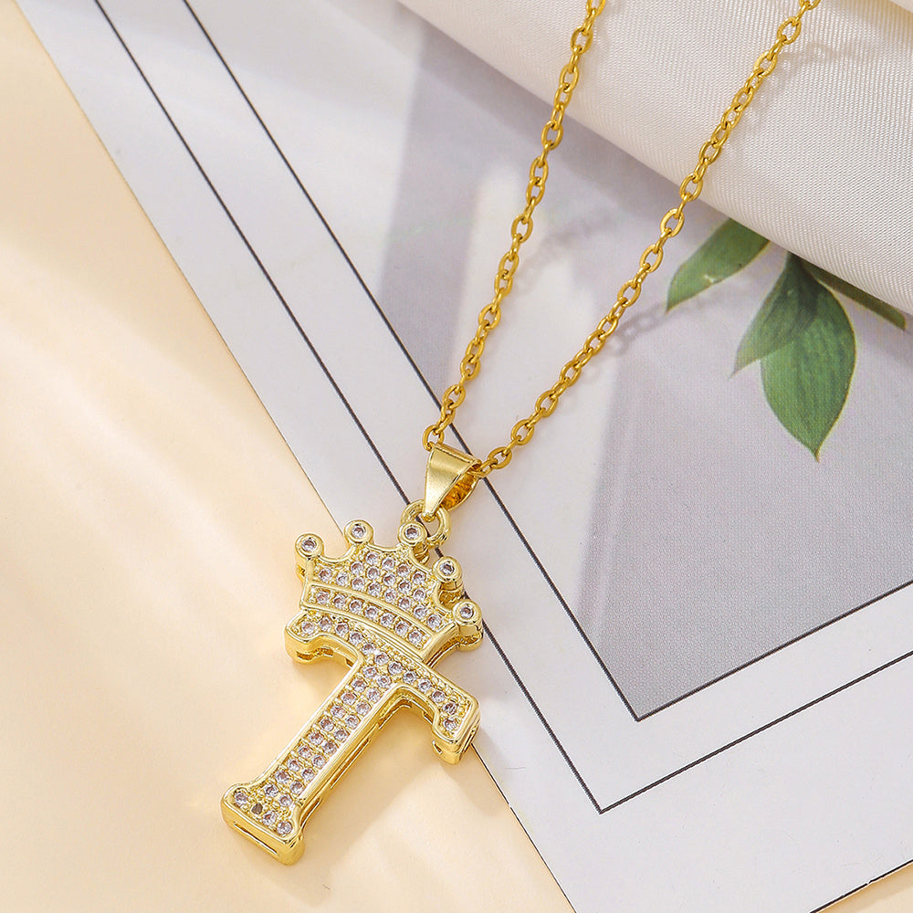 1PCS Fashionable Gold Zircon Uppercase Letter Popular Pendant Necklace Suitable For Daily Use Festivals Parties Gifts Jewelry Set