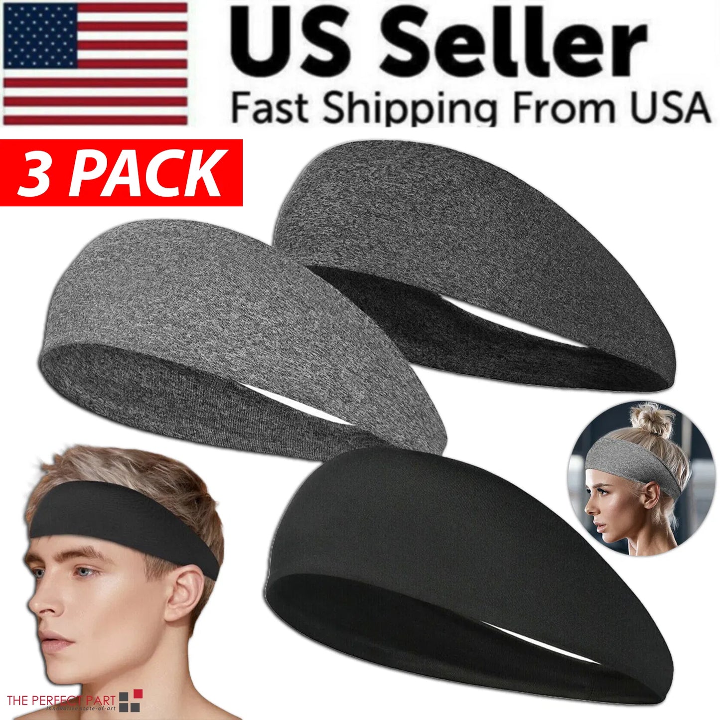 3-Pack Sports Sweatband Headbands – Stretch Fit for Men & Women
