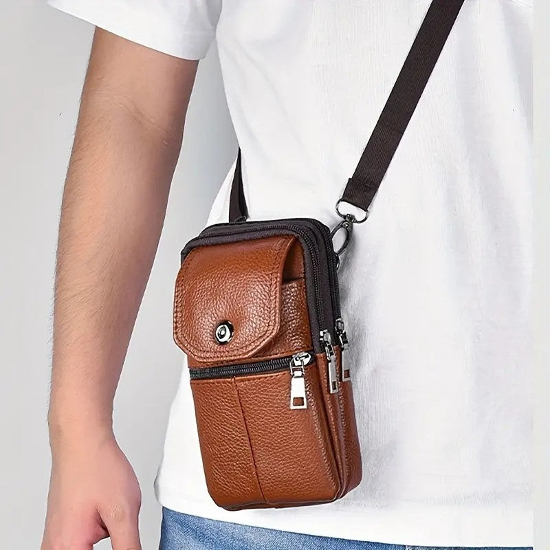Leather Mobile Phone Shoulder Bag with Belt Clip & Card Slots