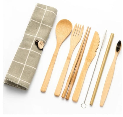 Bamboo Travel Cutlery Set – 9‑Piece Modern Minimalist Chopsticks & Spoon Bag