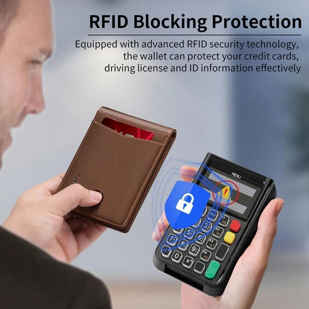 Slim Bifold Leather Wallet for Men – RFID Blocking & Money Clip Convenience