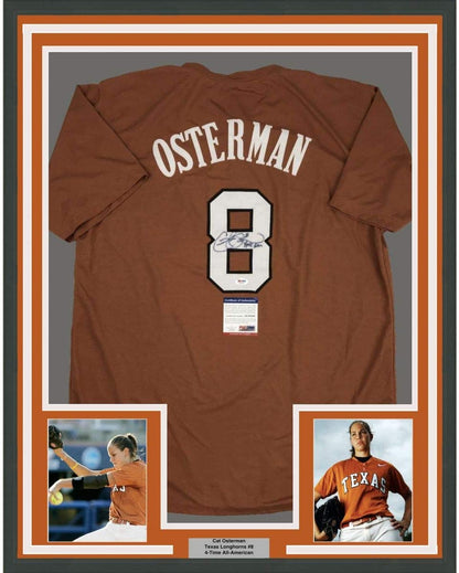 Framed Autographed/Signed Cat Osterman Hook Em 35x39 Texas Orange College Softball Jersey JSA COA